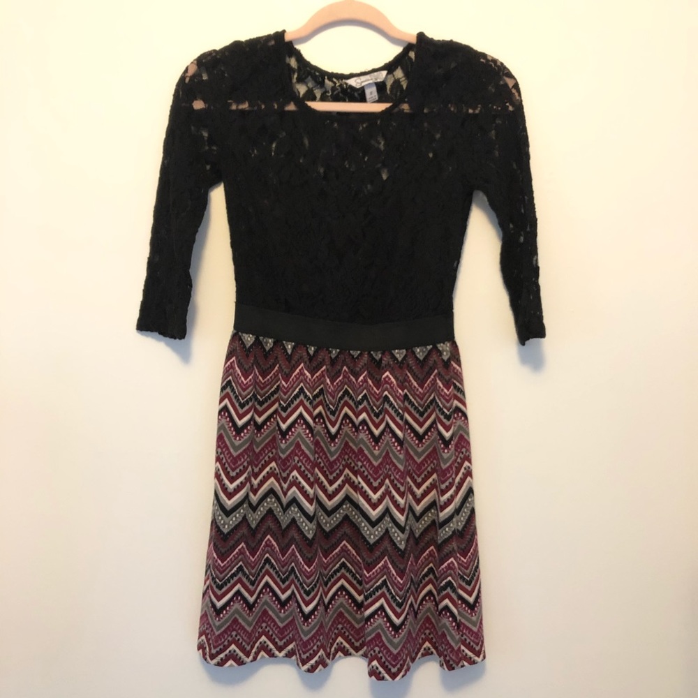 Long sleeve dress — lace top and chevron pattern